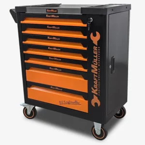 Servante d’atelier Kraftmüller KM7/6 orange + clé dynamométrique – 7  tiroirs dont 6 remplis d’outils + porte latérale