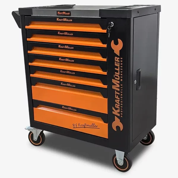 Servante d'atelier Kraftmüller KM7/6 orange + clé dynamométrique - 7  tiroirs dont 6 remplis d'outils + porte latérale